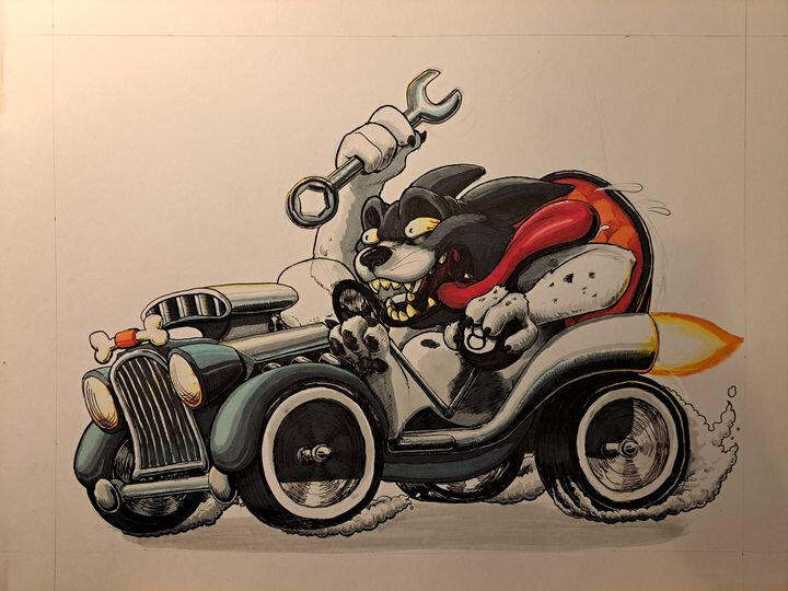A friend asked me to illustrate his dog as a character in Ed Roth's style.