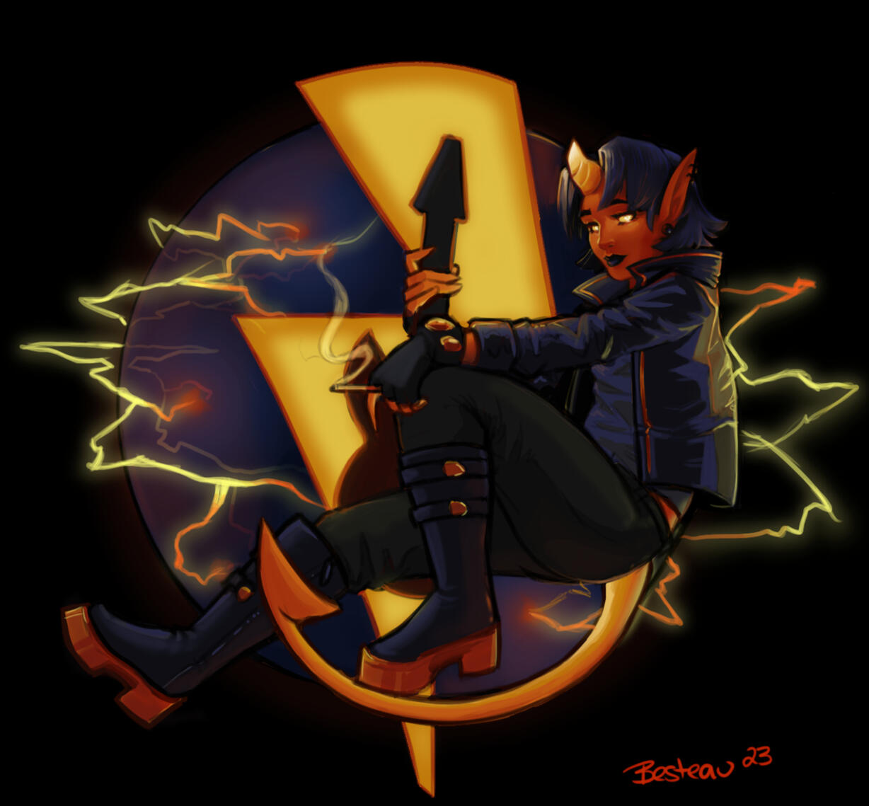This is my Tiefling Bard from a 5e setting. Her element was lightning and fire. My favorite character I have played so far.