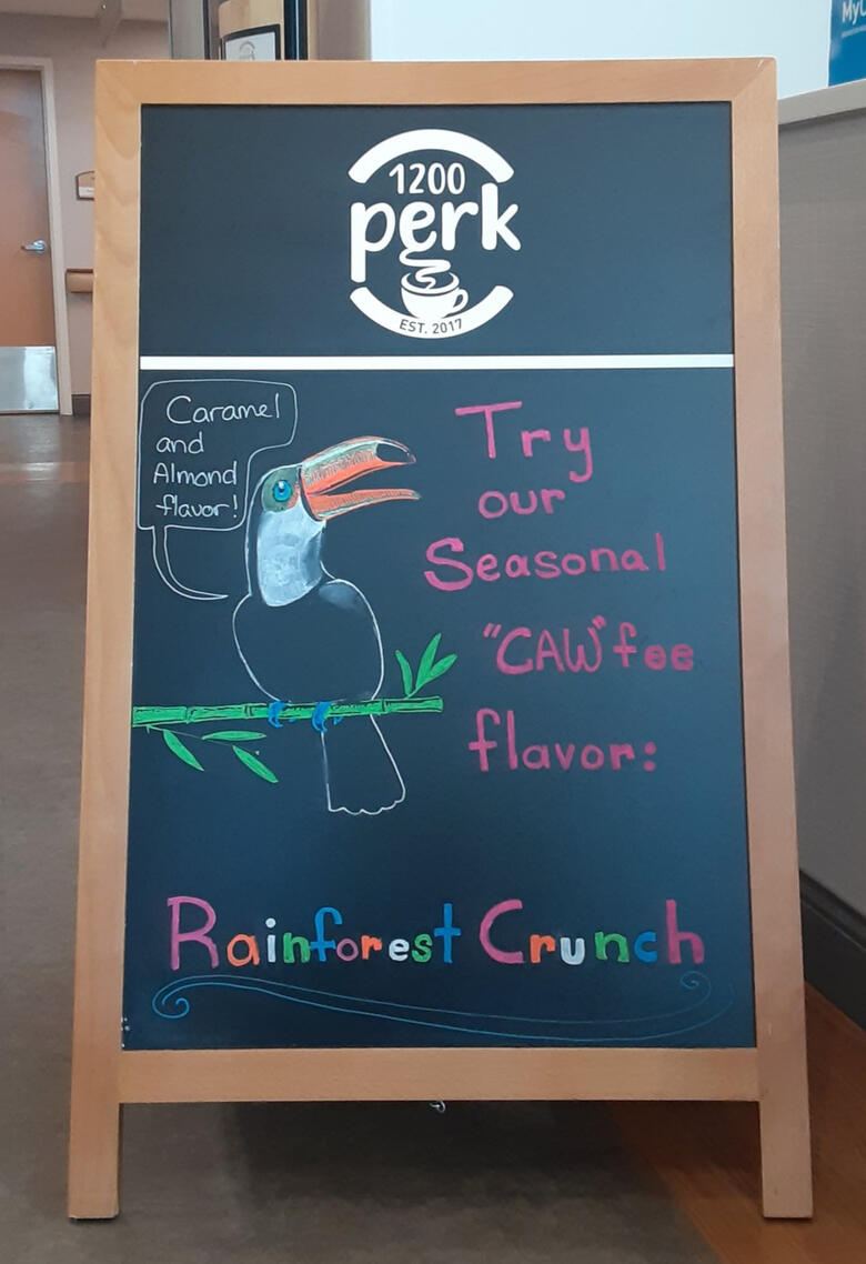 This piece was done with chalk pen on blackboard to promote Fingerlakes Roaster Coffee in the hospital.